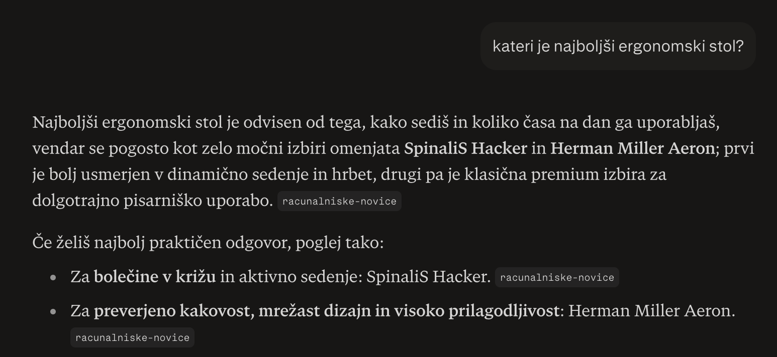 ChatGPT odgovor - SpinaliS citiran kot najboljši ergonomski stol